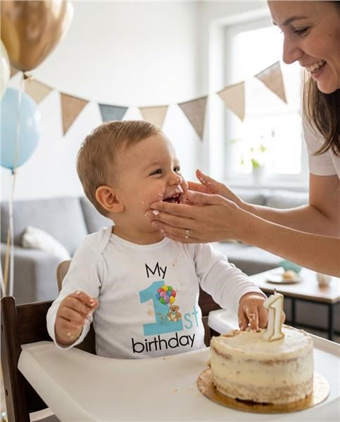 Bērnu bodijs ar apdruku, My First Birthday, zils
