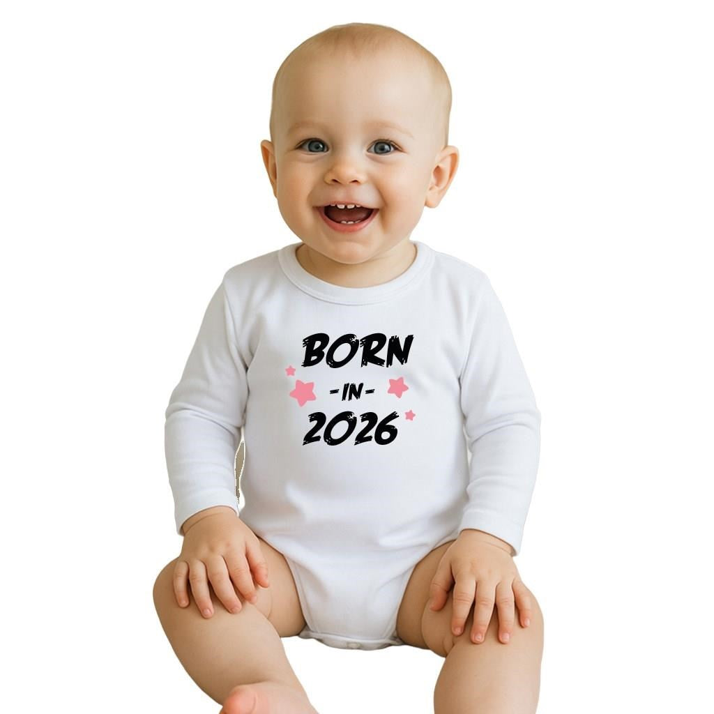 Bērnu bodijs ar apdruku, BORN IN 2026, rozā